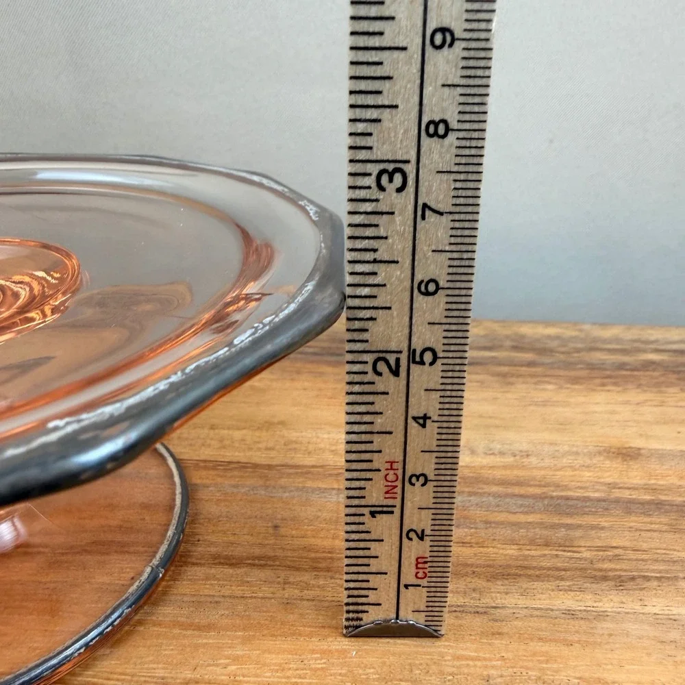Vintage Pink Depression Glass Octagon Pedestal Cake Stand Silver Rim 5.5in